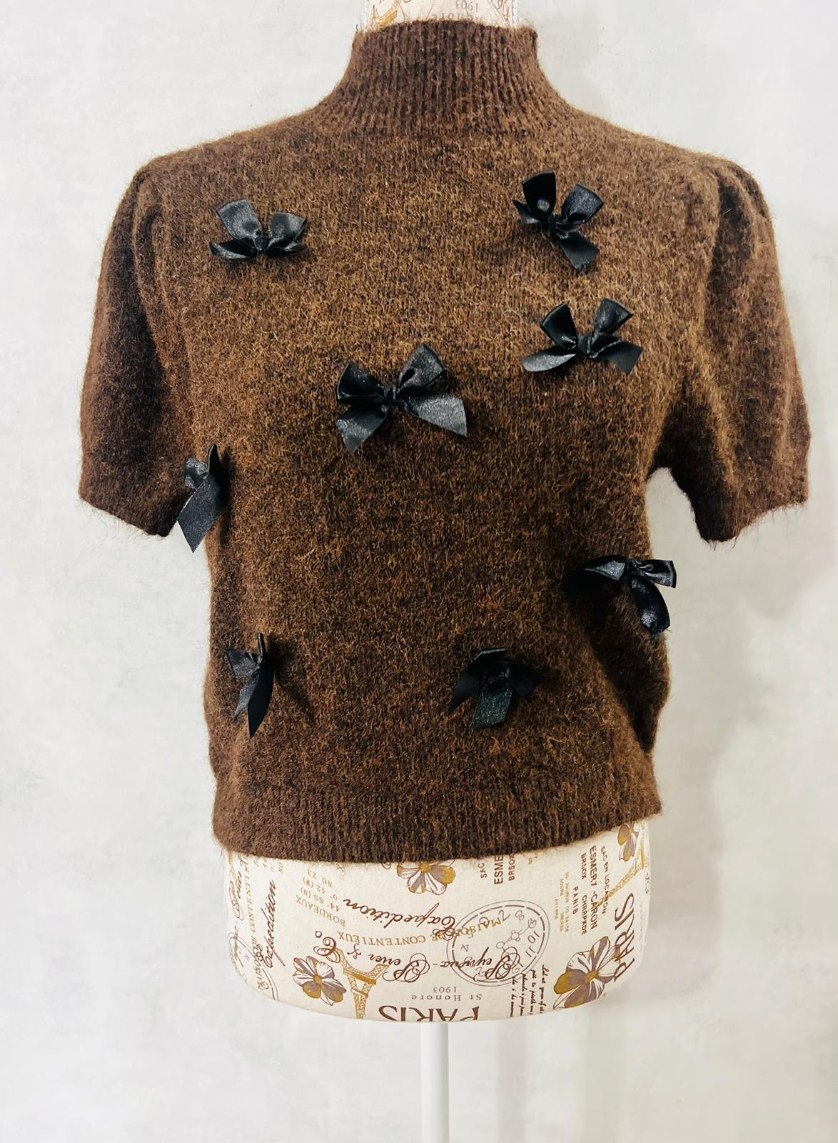 Maglioncino Crop Mezze Maniche con Fiocchetti Neri - Knitwear Donna | MDivaFashion