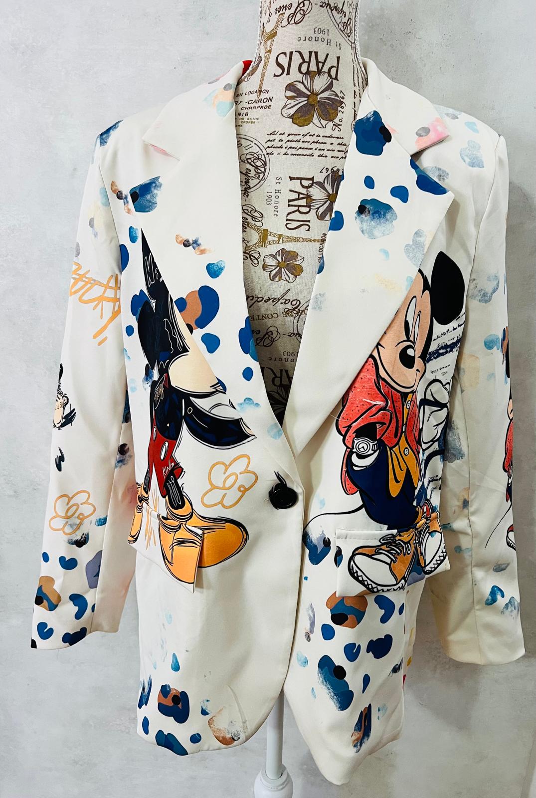 Blazer Donna con Stampe Cartoon Mickey Mouse e Macchie Colorate - Taglia Unica