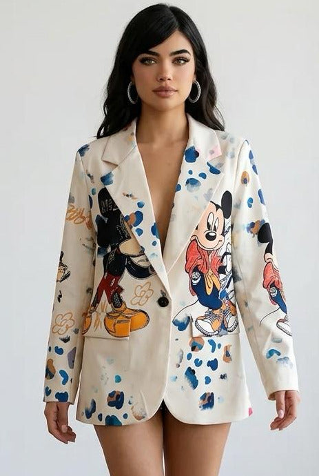 Blazer Donna con Stampe Cartoon Mickey Mouse e Macchie Colorate - Taglia Unica