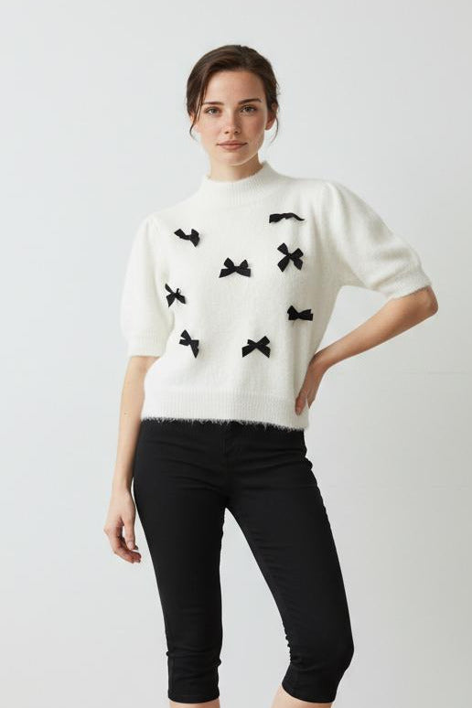 Maglioncino Bianco Mezza Manica con fiocchi Neri - Maglia Donna Elegante