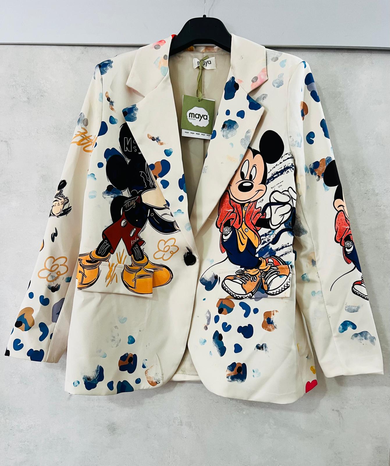 Blazer Donna con Stampe Cartoon Mickey Mouse e Macchie Colorate - Taglia Unica